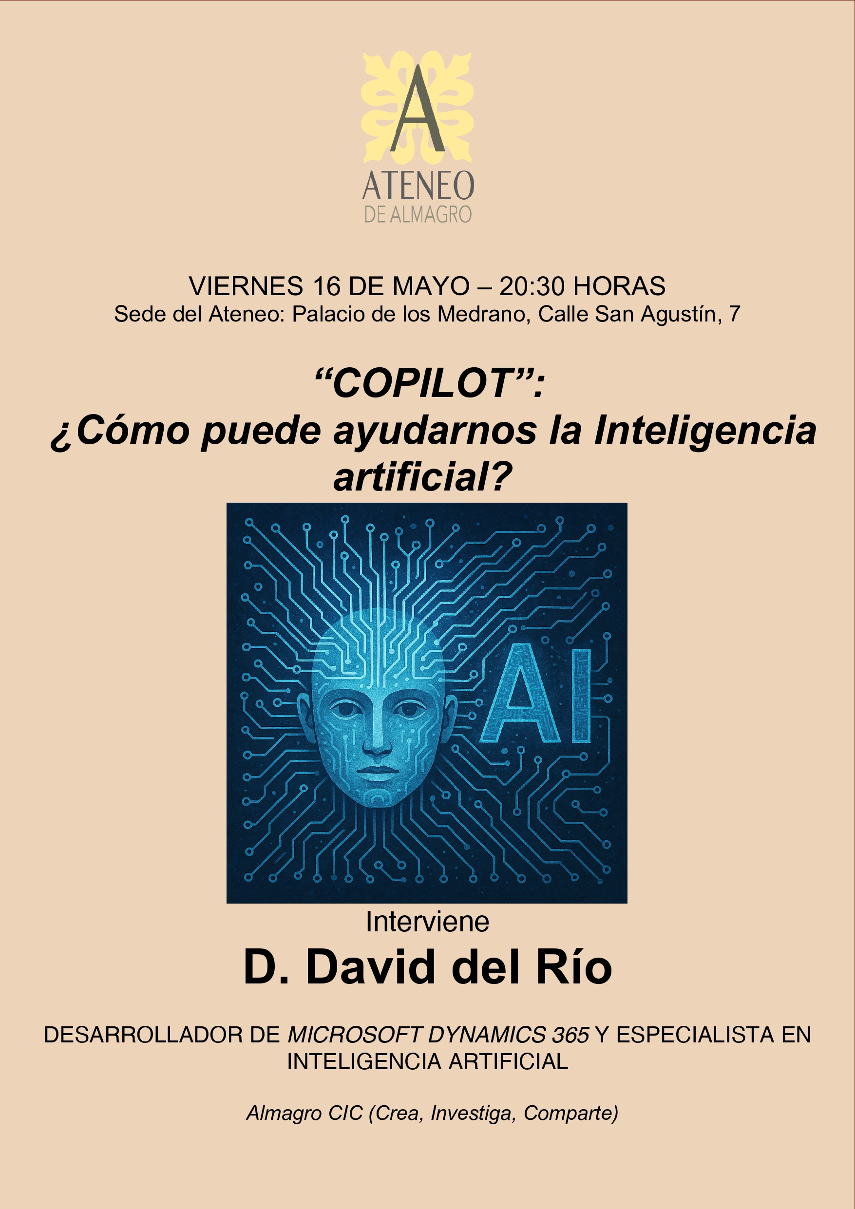 Conferencia de David del Río: "COPILOT" ¿Cómo nos puede ayudar la Inteligencia Artificial? @ Ateneo de Almagro