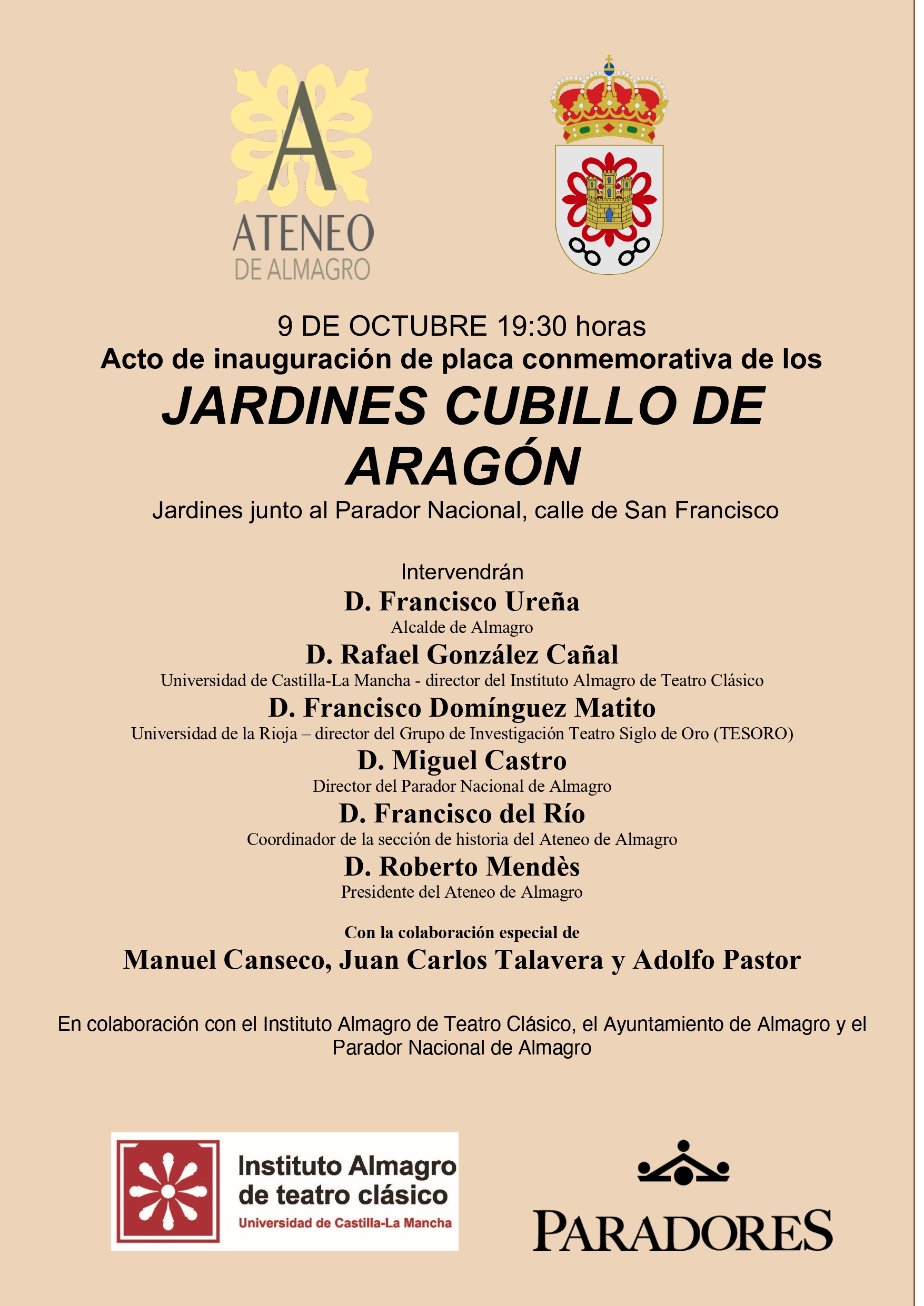 Acto de inauguración de una placa conmemorativa en los Jardines de Cubillo @ Parador Nacional de Almagro